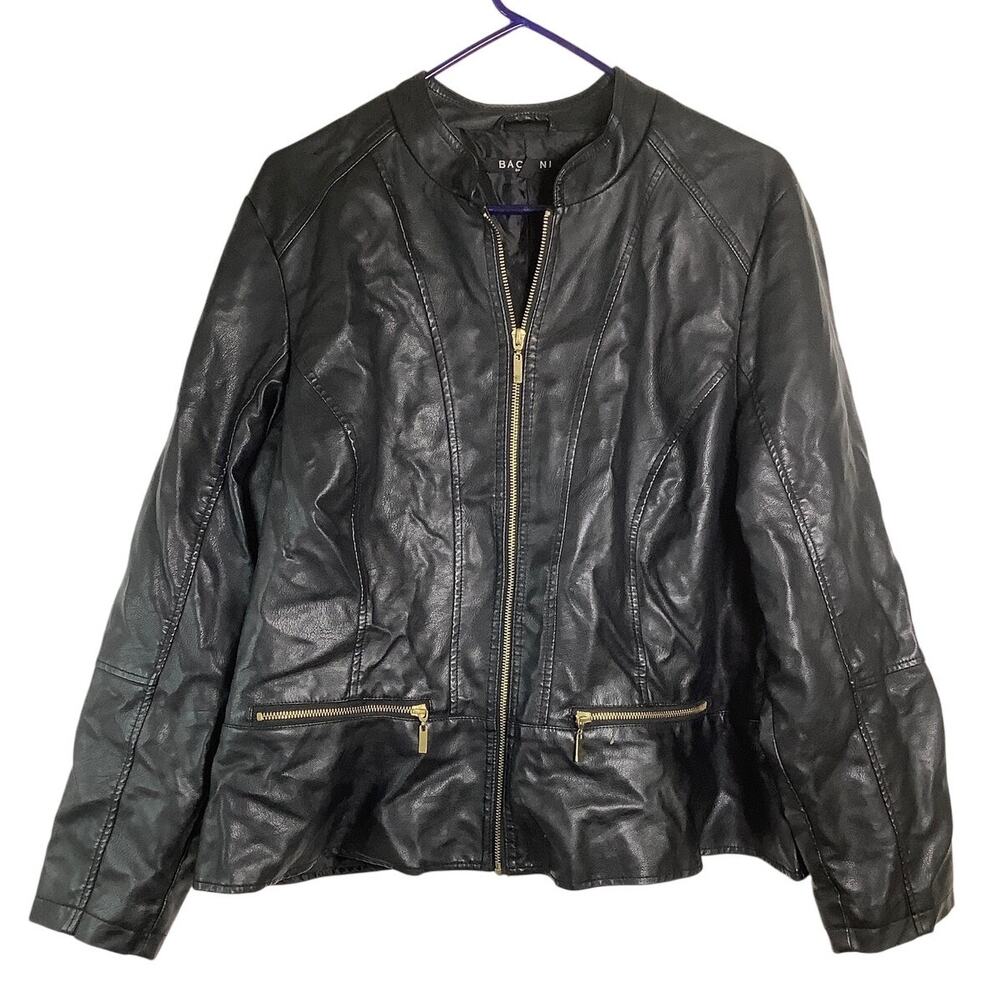 Baccini Womens 2X Black Faux Leather Gold Zip Moto Biker Jacket Edgy Y2K HR13-11